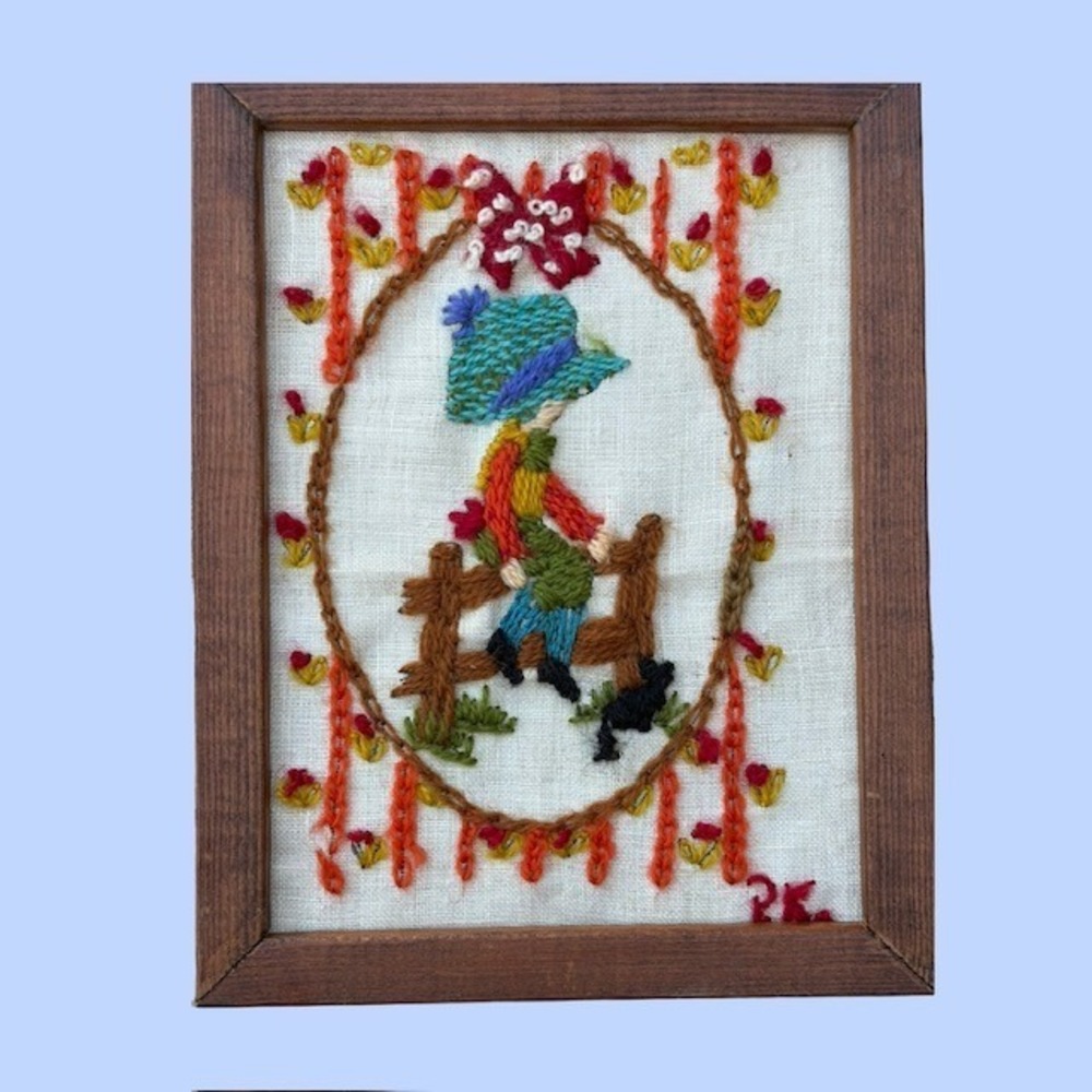 Vintage Framed Embroidery Art Boy & Cat on Fence Hand Stitched Textile